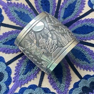Navajo Artist  Floyd Becenti Sterling Silver Overlay Storyteller Wide Cuff